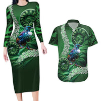 Tui Bird Koru Silver Fern Aotearoa Couples Matching Long Sleeve Bodycon Dress and Hawaiian Shirt LT9 Green - Polynesian Pride