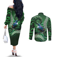 Tui Bird Koru Silver Fern Aotearoa Couples Matching Off The Shoulder Long Sleeve Dress and Long Sleeve Button Shirt LT9 - Polynesian Pride