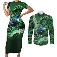 Tui Bird Koru Silver Fern Aotearoa Couples Matching Short Sleeve Bodycon Dress and Long Sleeve Button Shirt