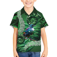 Tui Bird Koru Silver Fern Aotearoa Family Matching Off The Shoulder Long Sleeve Dress and Hawaiian Shirt LT9 Son's Shirt Green - Polynesian Pride