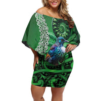Tui Bird Koru Silver Fern Aotearoa Off Shoulder Short Dress