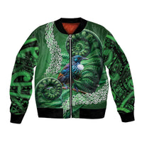 Tui Bird Koru Silver Fern Aotearoa Sleeve Zip Bomber Jacket LT9 Unisex Green - Polynesian Pride