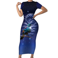 Tui Bird Matariki Galaxy Short Sleeve Bodycon Dress Koru Silver Fern Aotearoa
