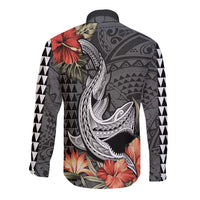 Hawaii Shark Tattoo Long Sleeve Button Shirt Polynesian Vintage Vibes LT9 - Polynesian Pride