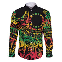 Cook Islands 15 Stars Family Matching Off Shoulder Maxi Dress and Hawaiian Shirt Kuki Airani Polynesian Tribal Wave Tattoo LT9 Dad's Shirt - Long Sleeve Reggae - Polynesian Pride