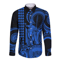 King Kamehameha Day Hawaii Long Sleeve Button Shirt Paradise of the Pacific Tribal Kakau with Kanaka Maoli - Blue LT9 Unisex Blue - Polynesian Pride