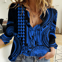 King Kamehameha Day Hawaii Women Casual Shirt Paradise of the Pacific Tribal Kakau with Kanaka Maoli - Blue LT9 Female Blue - Polynesian Pride