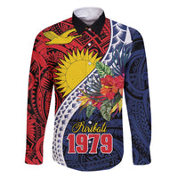 Flag of Kiribati Polynesian Pattern Family Matching Off The Shoulder Long Sleeve Dress and Hawaiian Shirt Est 1979 With Tropical Flowers