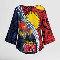 Flag of Kiribati Polynesian Pattern Kimono Sleeve Blouse Est 1979 With Tropical Flowers - Polynesian Pride