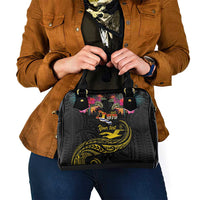 Kiribati Independence Day Personalised Shoulder Handbag Gold Frigatebird with Polynesian Pattern