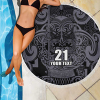 Custom New Zealand Taiaha Maori Beach Blanket Minimalist Silver Fern All Black - Polynesian Pride