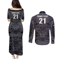 Custom New Zealand Taiaha Maori Couples Matching Puletasi and Long Sleeve Button Shirt Minimalist Silver Fern All Black - Polynesian Pride