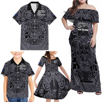 Custom New Zealand Taiaha Maori Family Matching Off Shoulder Maxi Dress and Hawaiian Shirt Minimalist Silver Fern All Black - Polynesian Pride