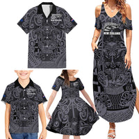 Custom New Zealand Taiaha Maori Family Matching Summer Maxi Dress and Hawaiian Shirt Minimalist Silver Fern All Black - Polynesian Pride