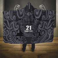 Custom New Zealand Taiaha Maori Hooded Blanket Minimalist Silver Fern All Black - Polynesian Pride