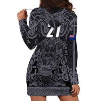 Custom New Zealand Taiaha Maori Hoodie Dress Minimalist Silver Fern All Black - Polynesian Pride