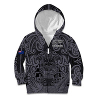 Custom New Zealand Taiaha Maori Kid Hoodie Minimalist Silver Fern All Black - Polynesian Pride