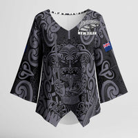 Custom New Zealand Taiaha Maori Kimono Sleeve Blouse Minimalist Silver Fern All Black - Polynesian Pride