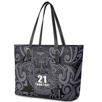 Custom New Zealand Taiaha Maori Leather Tote Bag Minimalist Silver Fern All Black - Polynesian Pride