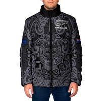 Custom New Zealand Taiaha Maori Padded Jacket Minimalist Silver Fern All Black - Polynesian Pride