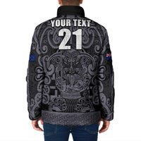 Custom New Zealand Taiaha Maori Padded Jacket Minimalist Silver Fern All Black - Polynesian Pride