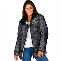 Custom New Zealand Taiaha Maori Padded Jacket Minimalist Silver Fern All Black - Polynesian Pride