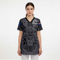 Custom New Zealand Taiaha Maori Scrub Top Minimalist Silver Fern All Black - Polynesian Pride