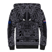 Custom New Zealand Taiaha Maori Sherpa Hoodie Minimalist Silver Fern All Black - Polynesian Pride