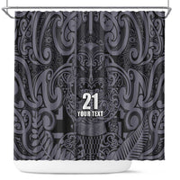Custom New Zealand Taiaha Maori Shower Curtain Minimalist Silver Fern All Black - Polynesian Pride
