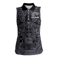 Custom New Zealand Taiaha Maori Women Sleeveless Polo Shirt Minimalist Silver Fern All Black - Polynesian Pride
