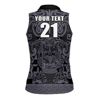 Custom New Zealand Taiaha Maori Women Sleeveless Polo Shirt Minimalist Silver Fern All Black - Polynesian Pride