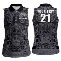 Custom New Zealand Taiaha Maori Women Sleeveless Polo Shirt Minimalist Silver Fern All Black - Polynesian Pride