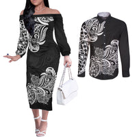 Polynesian Couples Matching Off The Shoulder Long Sleeve Dress and Long Sleeve Button Shirts Pacific Flower Mix Floral Tribal Tattoo Black Vibe LT9 Black - Polynesian Pride