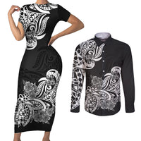 Polynesian Couples Matching Short Sleeve Bodycon Dress and Long Sleeve Button Shirts Pacific Flower Mix Floral Tribal Tattoo Black Vibe LT9 Black - Polynesian Pride