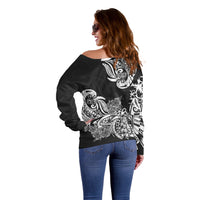 Polynesian Off Shoulder Sweater Pacific Flower Mix Floral Tribal Tattoo Black Vibe LT9 - Polynesian Pride