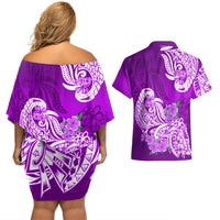 Polynesian Couples Matching Off Shoulder Short Dress and Hawaiian Shirt Pacific Flower Mix Floral Tribal Tattoo Purple Vibe LT9 - Polynesian Pride