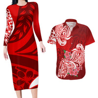 Polynesian Couples Matching Long Sleeve Bodycon Dress and Hawaiian Shirt Pacific Flower Mix Floral Tribal Tattoo Red Vibe LT9 Red - Polynesian Pride