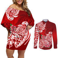Polynesian Couples Matching Off Shoulder Short Dress and Long Sleeve Button Shirts Pacific Flower Mix Floral Tribal Tattoo Red Vibe LT9 Red - Polynesian Pride