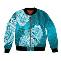 Polynesian Bomber Jacket Pacific Flower Mix Floral Tribal Tattoo Aqua Vibe LT9 Unisex Aqua - Polynesian Pride