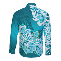 Polynesian Long Sleeve Button Shirt Pacific Flower Mix Floral Tribal Tattoo Aqua Vibe LT9 - Polynesian Pride