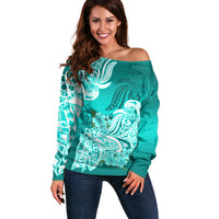 Polynesian Off Shoulder Sweater Pacific Flower Mix Floral Tribal Tattoo Turquoise Vibe LT9 Women Turquoise - Polynesian Pride