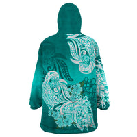 Polynesian Wearable Blanket Hoodie Pacific Flower Mix Floral Tribal Tattoo Turquoise Vibe LT9 - Polynesian Pride