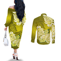 Polynesian Couples Matching Off The Shoulder Long Sleeve Dress and Long Sleeve Button Shirts Pacific Flower Mix Floral Tribal Tattoo Yellow Vibe LT9 - Polynesian Pride
