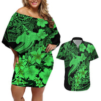 Aloha Hawaii Couples Matching Off Shoulder Short Dress and Hawaiian Shirt Hammerhead Shark Tattoo Polynesian Summer - Green LT9 Green - Polynesian Pride