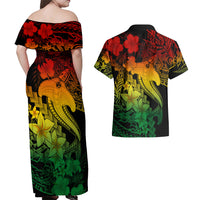 Aloha Hawaii Couples Matching Off Shoulder Maxi Dress and Hawaiian Shirt Hammerhead Shark Tattoo Polynesian Summer - Reggae LT9 - Polynesian Pride