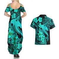 Aloha Hawaii Couples Matching Summer Maxi Dress and Hawaiian Shirt Hammerhead Shark Tattoo Polynesian Summer - Turquoise LT9 - Polynesian Pride