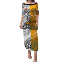 Fiji Australia Rugby Puletasi World Cup 2023 Polynesia Tapa Mixed Indigenous Aboriginal LT9 Long Dress Gold - Polynesian Pride