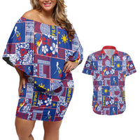 Filipino Maligayang Pasko Couples Matching Off Shoulder Short Dress and Hawaiian Shirt Pacific Patchwork Xmas Vibes LT9 Blue - Polynesian Pride