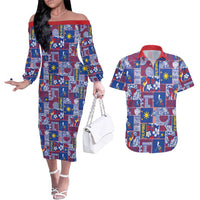 Filipino Maligayang Pasko Couples Matching Off The Shoulder Long Sleeve Dress and Hawaiian Shirt Pacific Patchwork Xmas Vibes LT9 Blue - Polynesian Pride