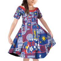 Filipino Maligayang Pasko Family Matching Off Shoulder Short Dress and Hawaiian Shirt Pacific Patchwork Xmas Vibes LT9 Daughter's Dress Blue - Polynesian Pride